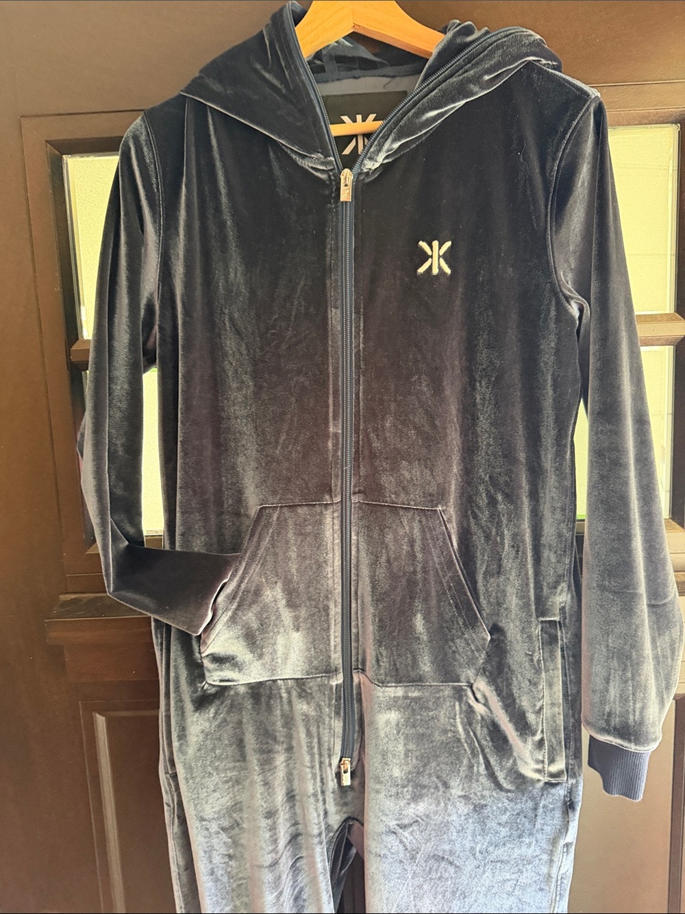 LIke New! Onepiece Velvet Hooded Jumpsuit - Navy Blue
